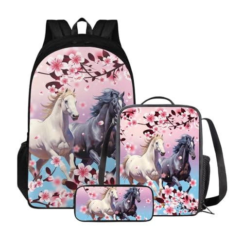 Poceacles 3-teiliges Rucksack-Set für Kinder, Schultaschen-Set mit Lunchtasche, Federmäppchen, Schüler, Büchertaschen, Mädchen und Jungen, leichter Rucksack, Pfirsichblütenpferd von Poceacles