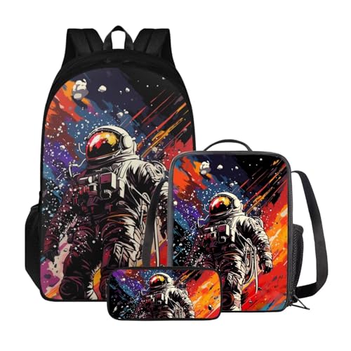 Poceacles 3-teiliges Rucksack-Set für Kinder, Schultaschen-Set mit Lunchtasche, Federmäppchen, Schüler, Büchertaschen, Mädchen und Jungen, leichter Rucksack, Raumfahrer Astronaut von Poceacles