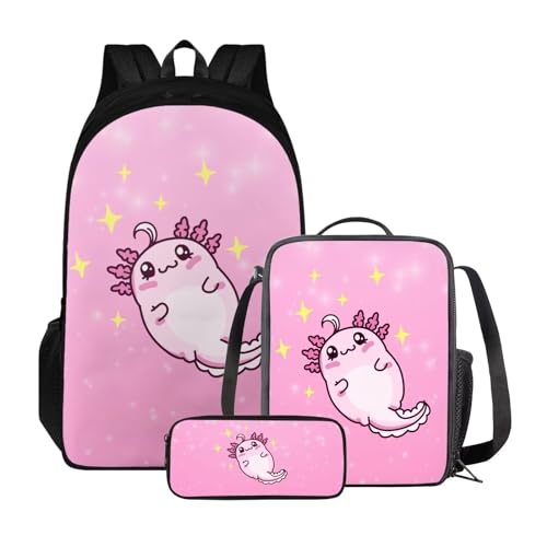 Poceacles 3-teiliges Rucksack-Set für Kinder, Schultaschen-Set mit Lunchtasche, Federmäppchen, Schüler, Büchertaschen, Mädchen und Jungen, leichter Rucksack, Rosa Axolotl von Poceacles