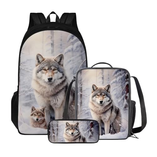 Poceacles 3-teiliges Rucksack-Set für Kinder, Schultaschen-Set mit Lunchtasche, Federmäppchen, Schüler, Büchertaschen, Mädchen und Jungen, leichter Rucksack, Wald Wolf von Poceacles