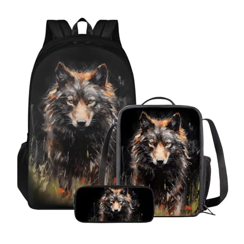 Poceacles 3-teiliges Rucksack-Set für Kinder, Schultaschen-Set mit Lunchtasche, Federmäppchen, Schüler, Büchertaschen, Mädchen und Jungen, leichter Rucksack, wolf von Poceacles