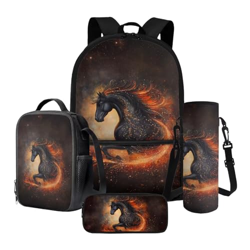 Poceacles 4 Stück Schulrucksack & Lunchtasche Set inkl. Rucksack, Lunchbox Schlamperbox Flaschen Ärmel für Jungen und Mädchen, Schwarzes Pferd, Rozmiar uniwersalny, Schulranzen-Set von Poceacles