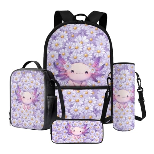 Poceacles 4-in-1-Schulrucksack-Set mit Thermo-Lunch-Tasche, Federmäppchen, Flaschenträgerrucksack für Kinder, Jugendliche, Axolotl Daisy Violet, Einheitsgröße, Schulranzen-Set von Poceacles