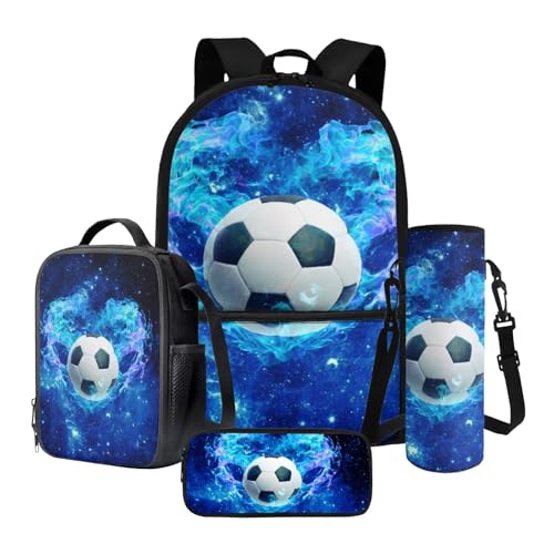 Poceacles 4-in-1-Schulrucksack-Set mit Thermo-Lunch-Tasche, Federmäppchen, Flaschenträgerrucksack für Kinder, Jugendliche, Fußball-blaue Flamme, Einheitsgröße, Schulranzen-Set von Poceacles