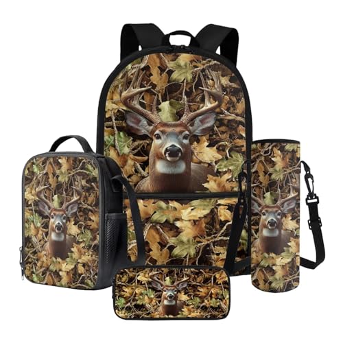 Poceacles 4-in-1-Schulrucksack-Set mit Thermo-Lunch-Tasche, Federmäppchen, Flaschenträgerrucksack für Kinder, Jugendliche, Hirsch Camo Jagd Wald, Einheitsgröße, Schulranzen-Set von Poceacles
