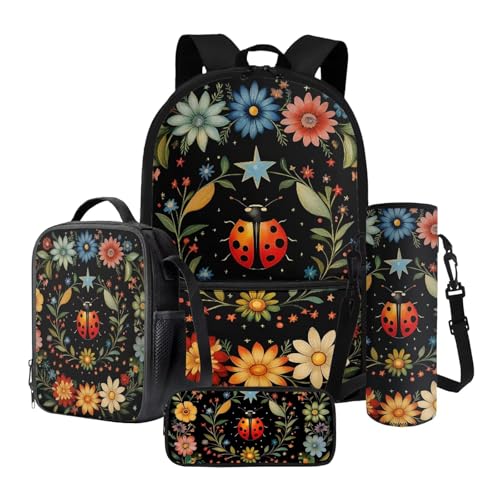 Poceacles 4-in-1-Schulrucksack-Set mit Thermo-Lunch-Tasche, Federmäppchen, Flaschenträgerrucksack für Kinder, Jugendliche, Marienkäfer Blume schwarz, Einheitsgröße, Schulranzen-Set von Poceacles