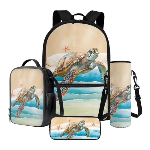 Poceacles 4-in-1-Schulrucksack-Set mit Thermo-Lunch-Tasche, Federmäppchen, Flaschenträgerrucksack für Kinder, Jugendliche, Meeresschildkröte, Strand, Seestern, Einheitsgröße, Schulranzen-Set von Poceacles