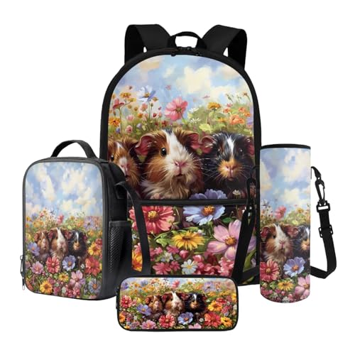 Poceacles 4-in-1-Schulrucksack-Set mit Thermo-Lunch-Tasche, Federmäppchen, Flaschenträgerrucksack für Kinder, Jugendliche, Meerschweinchen-Blume, Einheitsgröße, Schulranzen-Set von Poceacles