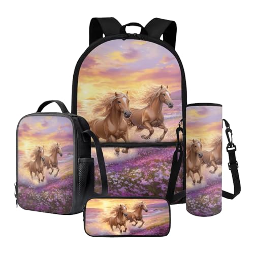 Poceacles 4-in-1-Schulrucksack-Set mit Thermo-Lunch-Tasche, Federmäppchen, Flaschenträgerrucksack für Kinder, Jugendliche, Pferd Strand Sonnenuntergang Blume, Einheitsgröße, Schulranzen-Set von Poceacles