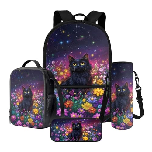 Poceacles 4-in-1-Schulrucksack-Set mit Thermo-Lunch-Tasche, Federmäppchen, Flaschenträgerrucksack für Kinder, Jugendliche, Schwarze Katze, Gänseblümchen, Violett, Einheitsgröße, Schulranzen-Set von Poceacles