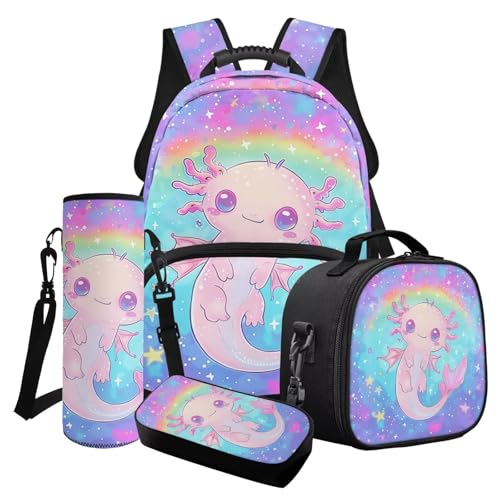 Poceacles 4-teiliges Mädchen-Schultaschen-Set mit süßem Rucksack, isolierte Lunchtasche, Federmäppchen, Wasserflaschenhalter für Kinder und Jugendliche, Axolotl Rainbow Star Violet Pink Blue von Poceacles