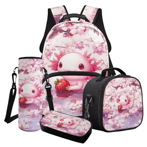 Poceacles 4-teiliges Mädchen-Schultaschen-Set mit süßem Rucksack, isolierte Lunchtasche, Federmäppchen, Wasserflaschenhalter für Kinder und Jugendliche, Axolotl Strawberry Pink Floral Pond von Poceacles