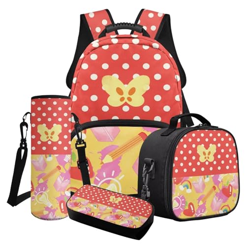 Poceacles 4-teiliges Mädchen-Schultaschen-Set mit süßem Rucksack, isolierte Lunchtasche, Federmäppchen, Wasserflaschenhalter für Kinder und Jugendliche, Butterfly Love Polka Dots Regenbogen von Poceacles