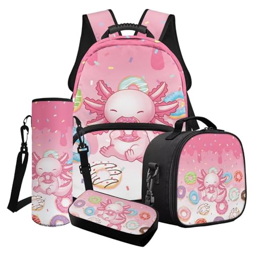 Poceacles 4-teiliges Mädchen-Schultaschen-Set mit süßem Rucksack, isolierte Lunchtasche, Federmäppchen, Wasserflaschenhalter für Kinder und Jugendliche, Cartoon Axolotl Donut Ice Cream Streudruck von Poceacles