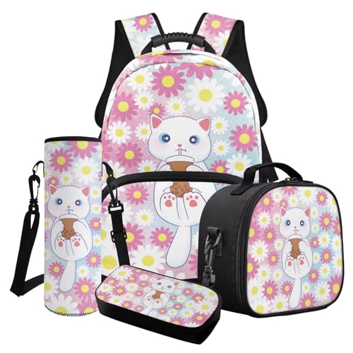 Poceacles 4-teiliges Mädchen-Schultaschen-Set mit süßem Rucksack, isolierte Lunchtasche, Federmäppchen, Wasserflaschenhalter für Kinder und Jugendliche, Cartoon-Katze, Bubble Tea, Gänseblümchen von Poceacles