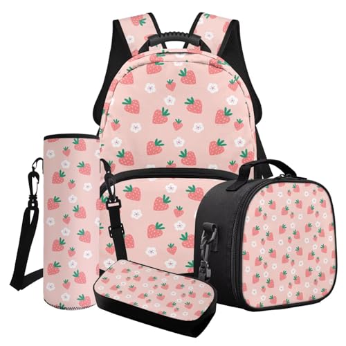 Poceacles 4-teiliges Mädchen-Schultaschen-Set mit süßem Rucksack, isolierte Lunchtasche, Federmäppchen, Wasserflaschenhalter für Kinder und Jugendliche, Erdbeer-Blumenmuster, Einheitsgröße von Poceacles