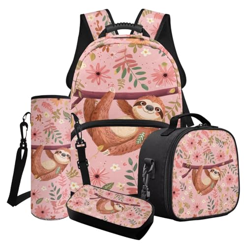 Poceacles 4-teiliges Mädchen-Schultaschen-Set mit süßem Rucksack, isolierte Lunchtasche, Federmäppchen, Wasserflaschenhalter für Kinder und Jugendliche, Faultier Blume Blatt Rosa, Einheitsgröße von Poceacles