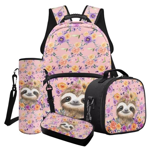 Poceacles 4-teiliges Mädchen-Schultaschen-Set mit süßem Rucksack, isolierte Lunchtasche, Federmäppchen, Wasserflaschenhalter für Kinder und Jugendliche, Faultier Rose Blume Rosa, Einheitsgröße von Poceacles