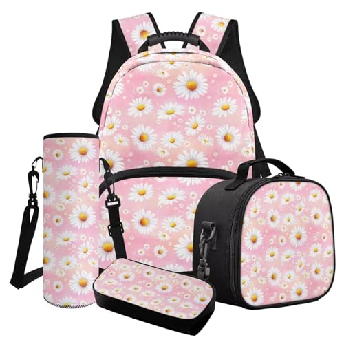 Poceacles 4-teiliges Mädchen-Schultaschen-Set mit süßem Rucksack, isolierte Lunchtasche, Federmäppchen, Wasserflaschenhalter für Kinder und Jugendliche, Gänseblümchen-Rosa, Einheitsgröße von Poceacles