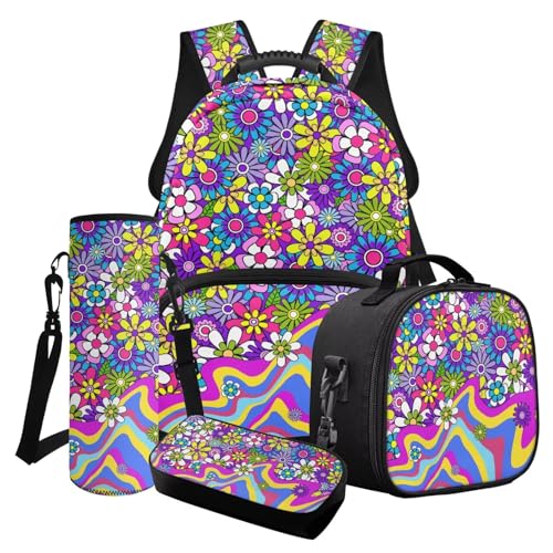Poceacles 4-teiliges Mädchen-Schultaschen-Set mit süßem Rucksack, isolierte Lunchtasche, Federmäppchen, Wasserflaschenhalter für Kinder und Jugendliche, Groovy Hippie Flower Violet Rainbow von Poceacles