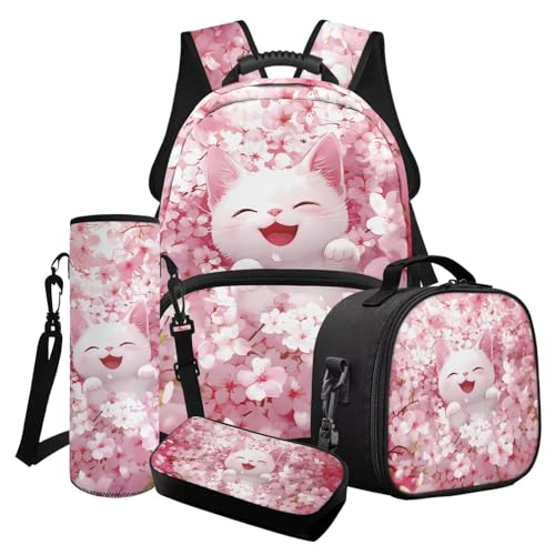 Poceacles 4-teiliges Mädchen-Schultaschen-Set mit süßem Rucksack, isolierte Lunchtasche, Federmäppchen, Wasserflaschenhalter für Kinder und Jugendliche, Katze rosa Blumenmuster, Einheitsgröße von Poceacles