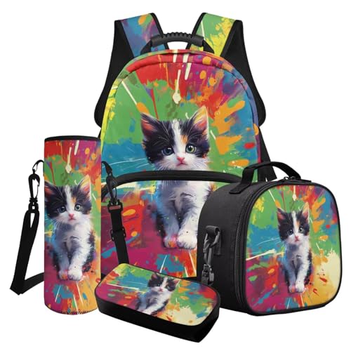 Poceacles 4-teiliges Mädchen-Schultaschen-Set mit süßem Rucksack, isolierte Lunchtasche, Federmäppchen, Wasserflaschenhalter für Kinder und Jugendliche, Katzenspritzer-Druck, Einheitsgröße von Poceacles