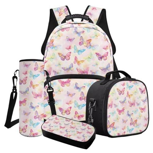 Poceacles 4-teiliges Mädchen-Schultaschen-Set mit süßem Rucksack, isolierte Lunchtasche, Federmäppchen, Wasserflaschenhalter für Kinder und Jugendliche, Mehrfarbiger Schmetterling, hellrosa von Poceacles