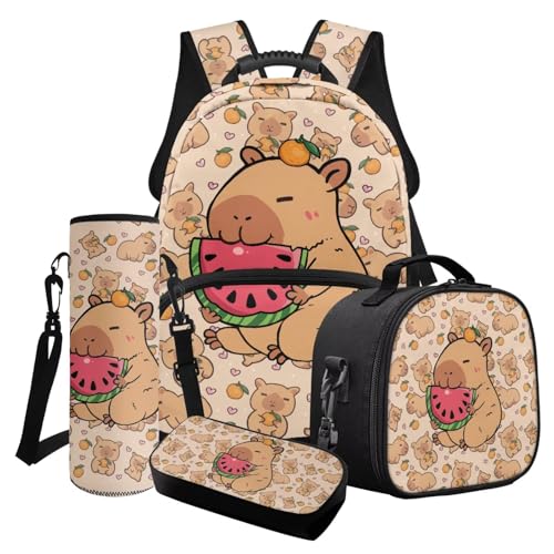 Poceacles 4-teiliges Mädchen-Schultaschen-Set mit süßem Rucksack, isolierte Lunchtasche, Federmäppchen, Wasserflaschenhalter für Kinder und Jugendliche, Niedliche Wassermelone in Capybara-Orange von Poceacles