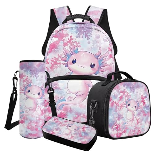 Poceacles 4-teiliges Mädchen-Schultaschen-Set mit süßem Rucksack, isolierte Lunchtasche, Federmäppchen, Wasserflaschenhalter für Kinder und Jugendliche, Rosa Axolotl Coral Bubble, Einheitsgröße von Poceacles