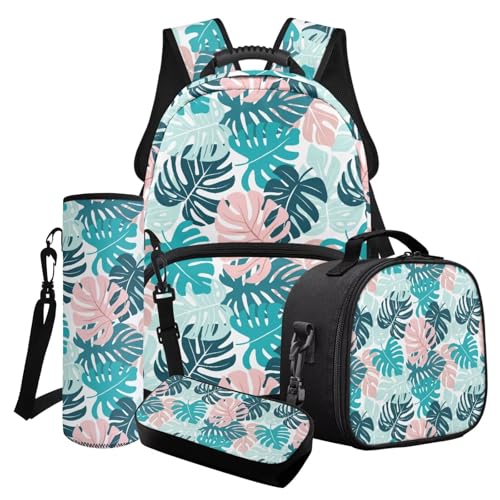 Poceacles 4-teiliges Mädchen-Schultaschen-Set mit süßem Rucksack, isolierte Lunchtasche, Federmäppchen, Wasserflaschenhalter für Kinder und Jugendliche, Tropisches Monstera-Blatt, Blaugrün von Poceacles