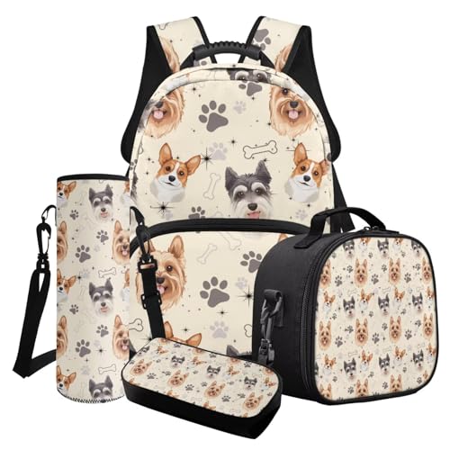 Poceacles 4-teiliges Mädchen-Schultaschen-Set mit süßem Rucksack, isolierte Lunchtasche, Federmäppchen, Wasserflaschenhalter für Kinder und Jugendliche, Yorkshire Schnauzer Corgi Hundeknochenpfote von Poceacles