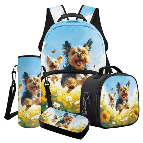 Poceacles 4-teiliges Mädchen-Schultaschen-Set mit süßem Rucksack, isolierte Lunchtasche, Federmäppchen, Wasserflaschenhalter für Kinder und Jugendliche, Yorkshire Terrier, Gänseblümchen, Sonnenblume von Poceacles
