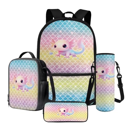 Poceacles 4-teiliges Schulrucksack-Set mit Federmäppchen, Lunchtasche, Wasserflaschenhalter, leicht, bequem, Büchertasche für Kinder, Kawaii Axolotl Meerjungfrauenschuppe Rosa Blau Farbverlauf, von Poceacles