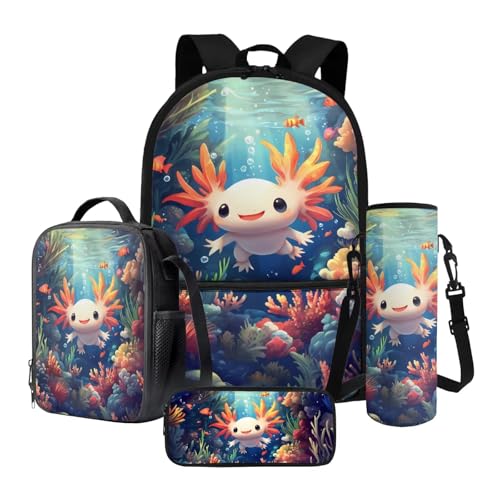 Poceacles 4-teiliges Schultaschen-Set für Kinder, Teenager, Rucksack und Lunchtaschen-Set mit Federmäppchen, Flaschenhalter, passend für 35,6 cm (14 Zoll) Laptops, Axolotl Seefisch Korallenriff von Poceacles