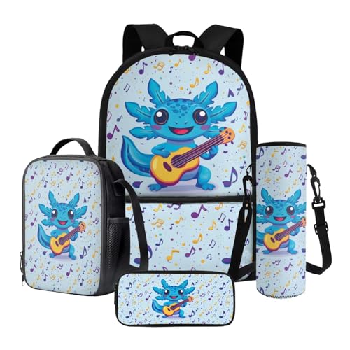Poceacles 4-teiliges Schultaschen-Set für Kinder, Teenager, Rucksack und Lunchtaschen-Set mit Federmäppchen, Flaschenhalter, passend für 35,6 cm (14 Zoll) Laptops, Blaue Axolotl Gitarre Musiknote von Poceacles