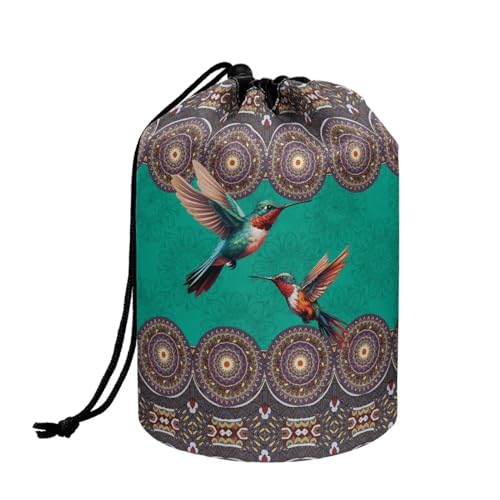 Poceacles Barrel Kordelzug Make-up Tasche für Frauen Große Reise Kosmetik Fall Tragbare Kulturbeutel Organizer Aufbewahrungstasche, Boho Mandala Kolibri, Einheitsgröße von Poceacles