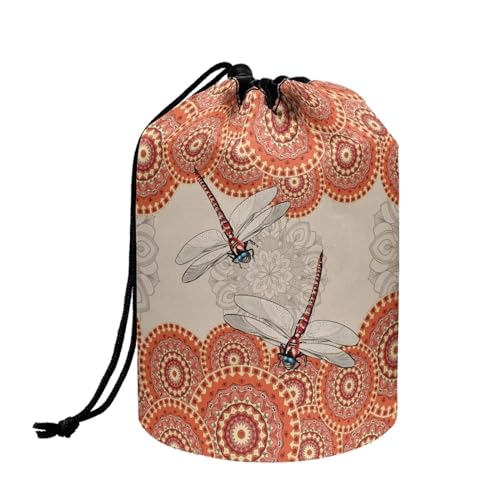 Poceacles Barrel Kordelzug Make-up Tasche für Frauen Große Reise Kosmetik Fall Tragbare Kulturbeutel Organizer Aufbewahrungstasche, Boho Mandala Libellen, Einheitsgröße von Poceacles