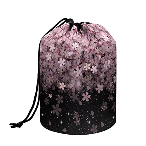 Poceacles Barrel Kordelzug Make-up Tasche für Frauen Große Reise Kosmetik Fall Tragbare Kulturbeutel Organizer Aufbewahrungstasche, Rosa Kirschblüten, Einheitsgröße von Poceacles