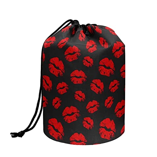 Poceacles Barrel Kordelzug Make-up Tasche für Frauen Große Reise Kosmetik Fall Tragbare Kulturbeutel Organizer Aufbewahrungstasche, Rote Lippen, Einheitsgröße von Poceacles