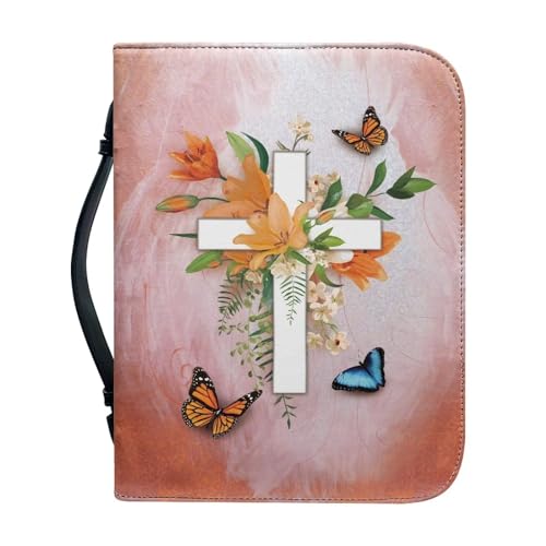 Poceacles Bibeletui aus Leder mit Kreuz, Blumenmuster, Schmetterling, Hardcover, Bibel, kleine Größe, mit Reißverschluss, Bibelschutztasche, Schrift, katholisches christliches Geschenk, M, von Poceacles