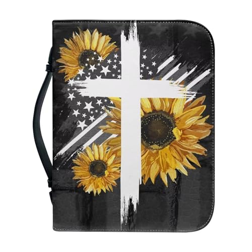 Poceacles Bibelhülle aus PU-Leder für Damen und Herren, Kinder, Bibeltasche, Bibeltasche, Lernbuch, Schutz, großes Fassungsvermögen, Bibelhülle mit Griff, USA-Flagge Sonnenblumenkreuz, M(23.4x16.0cm) von Poceacles