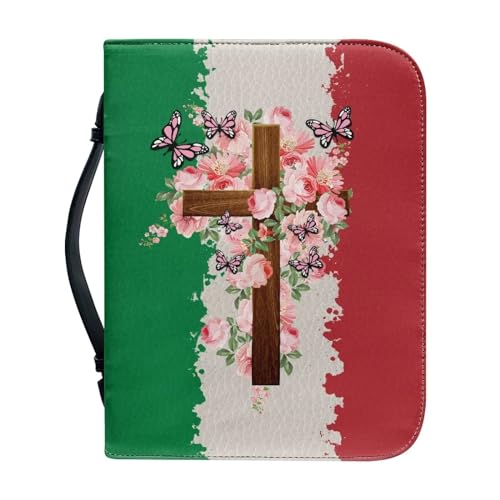 Poceacles Bibelhülle für Damen und Herren, Bibelhülle mit Griff, PU-Leder, Kirchentasche, Bibelschutz, Schrift, Tragetasche, Büchertasche, Italienische Flagge Kreuz Blume Schmetterling, von Poceacles