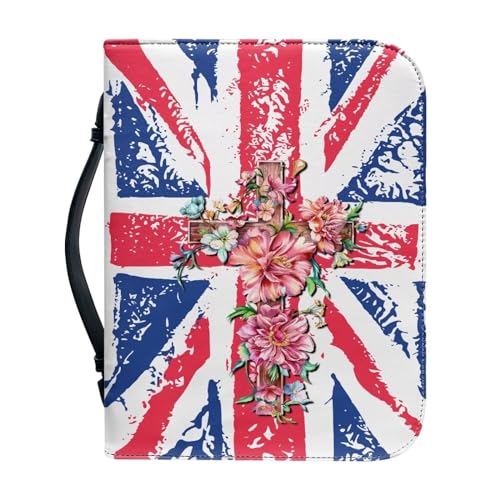 Poceacles Bibelhülle für Damen und Herren, Bibelhülle mit Griff, PU-Leder, Kirchentasche, Bibelschutz, Schrift, Tragetasche, Büchertasche, Union Jack Cross, 2XL(30.5x23.0cm) von Poceacles