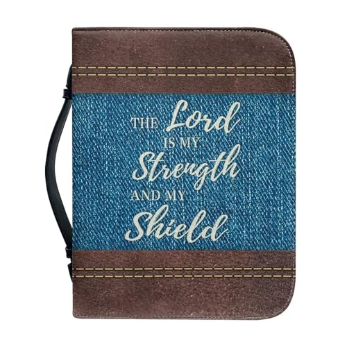 Poceacles Bibeltasche aus PU-Leder für Damen, The Lord Strength and My Shield, Bibeltasche mit Griff, Reißverschluss, Bibel-Organizer-Tasche, Leder-Bibelhülle, L, The Lord Strength and My Shield, von Poceacles