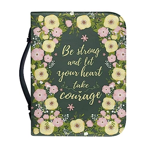 Poceacles Bible Cover Bible Case with Handle Matched Bookmarks Pen Slots PU Leather Bible Cover Bag Durable Study Bible Bag, Be Strong and Let Your Heart Take Couiage-green Floral, L von Poceacles