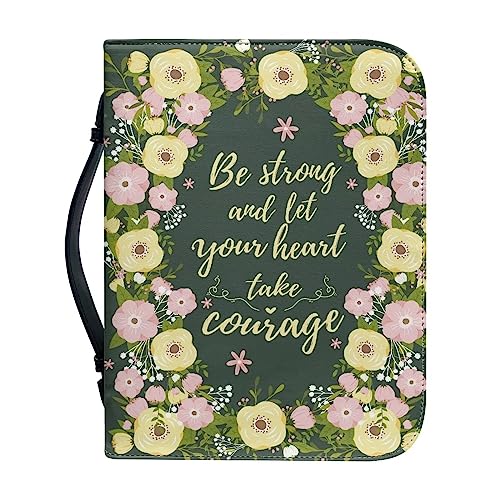 Poceacles Bible Cover Bible Case with Handle Matched Bookmarks Pen Slots PU Leather Bible Cover Bag Durable Study Bible Bag, Be Strong and Let Your Heart Take Couiage-green Floral, xl von Poceacles