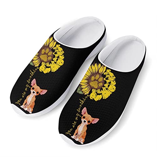 Poceacles Bling Butterfly Slip On Pantoletten Schuhe Offener Rücken für Frauen Mädchen, Mesh Atmungsaktive Hausschuhe Rutschfest Leichte Gartenclogs Schwarz, Chihuahua Sonnenblumen schwarz, 37 EU von Poceacles