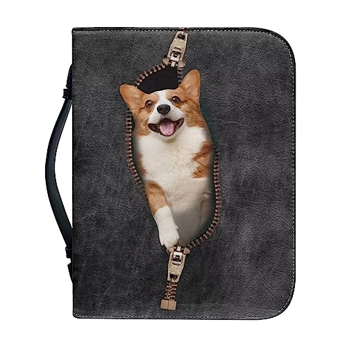 Poceacles Corgi Dog-Black Print Bibelhüllen für Damen und Herren, große Kapazität, Bibeltasche mit Griff, PU-Leder, wasserabweisend, Büchertasche, Kirchentasche, Journaling-Schutz, Größe XL von Poceacles