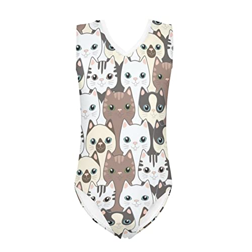 Poceacles Einteiliger V-Ausschnitt Mädchen Badeanzüge,Ärmelloser Strand Bademode Bikini,Surfen Badeanzug, Cartoon-Katze, mehrfarbig, 9-10 Jahre von Poceacles