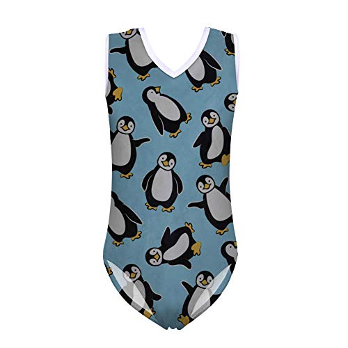 Poceacles Einteiliger Badeanzug für Mädchen, V-Ausschnitt, ärmellos, Strand-Bademode, Bikini, Surfen, pinguin, 11-12 Jahre von Poceacles